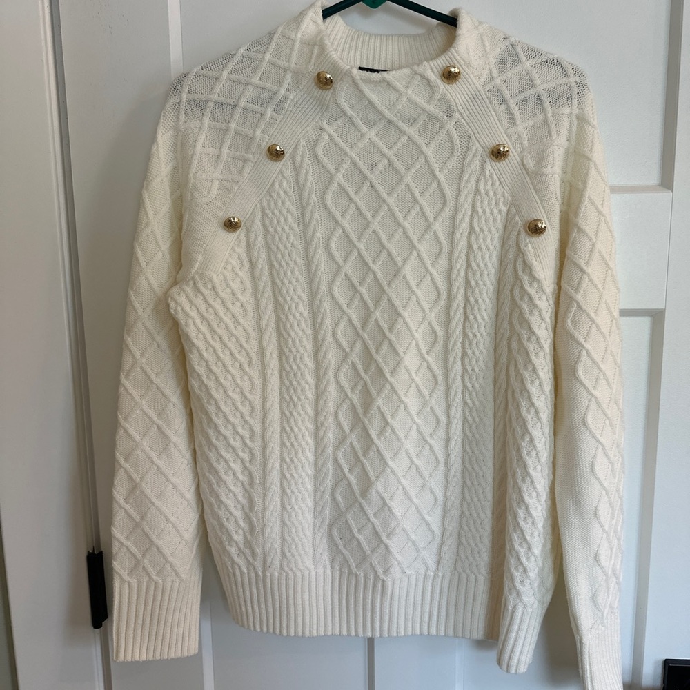 Talbots Ivory Cable Knit Sweater with Gold Accents
